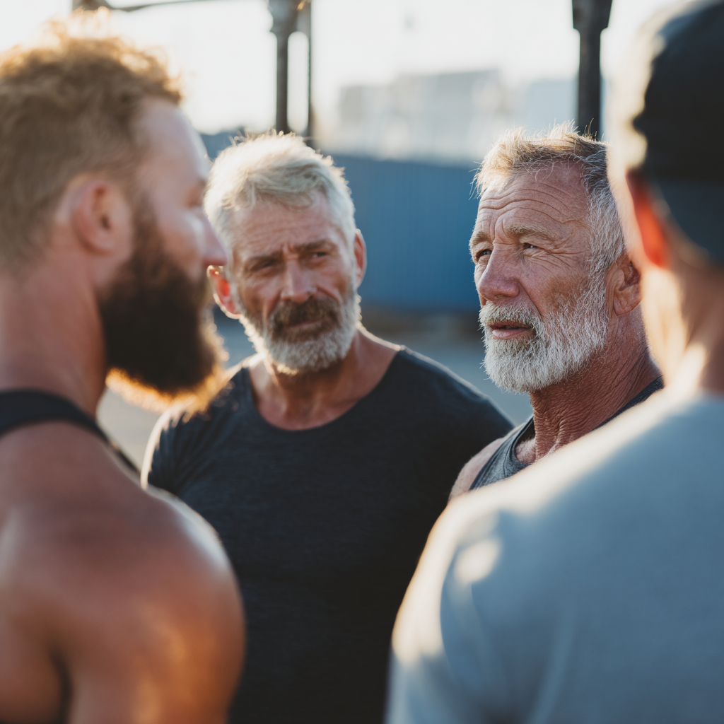 Group of focused older adults engaged in outdoor fitness activities and mentorship discussion