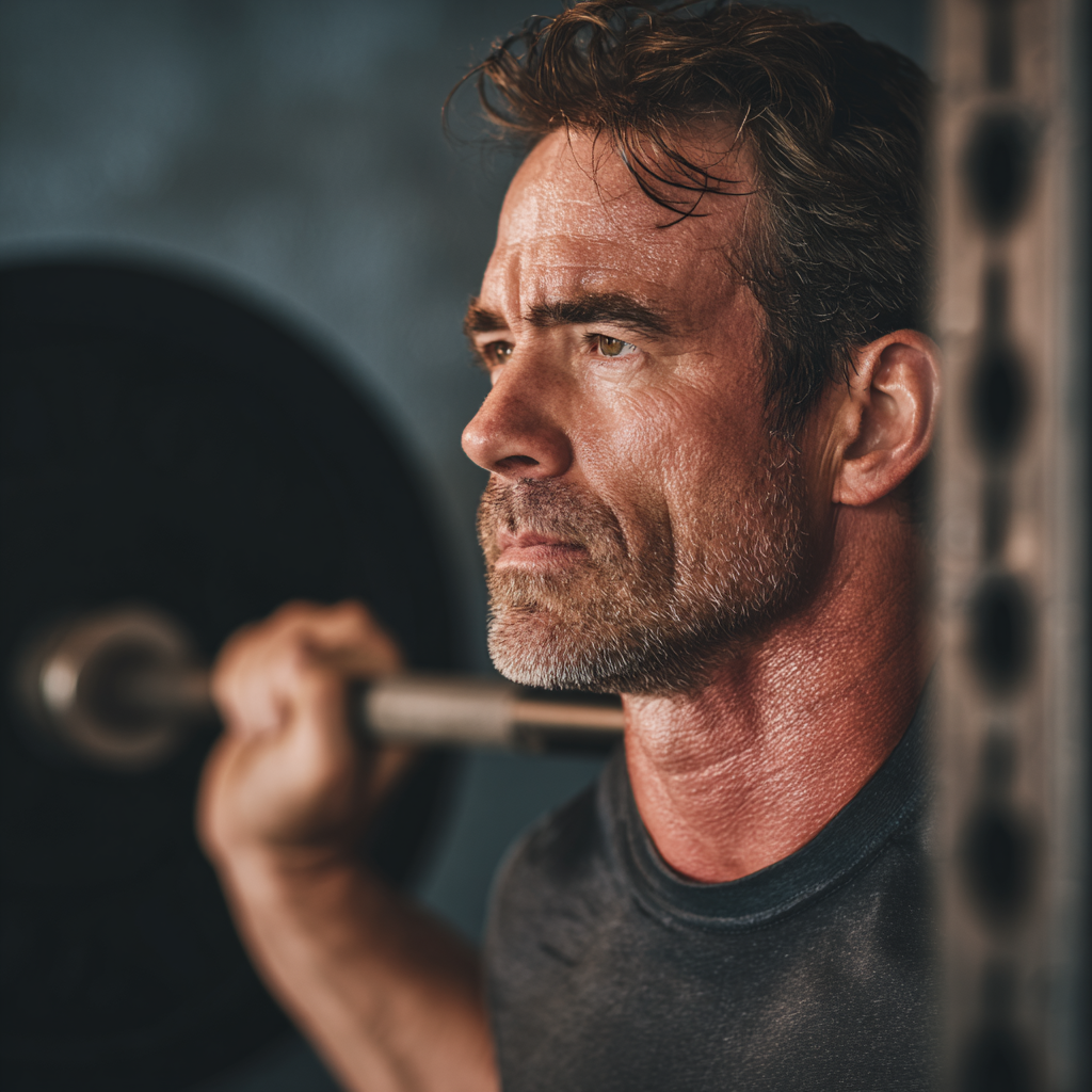 Middle-aged man engaged in focused strength training in a minimalist gym setting